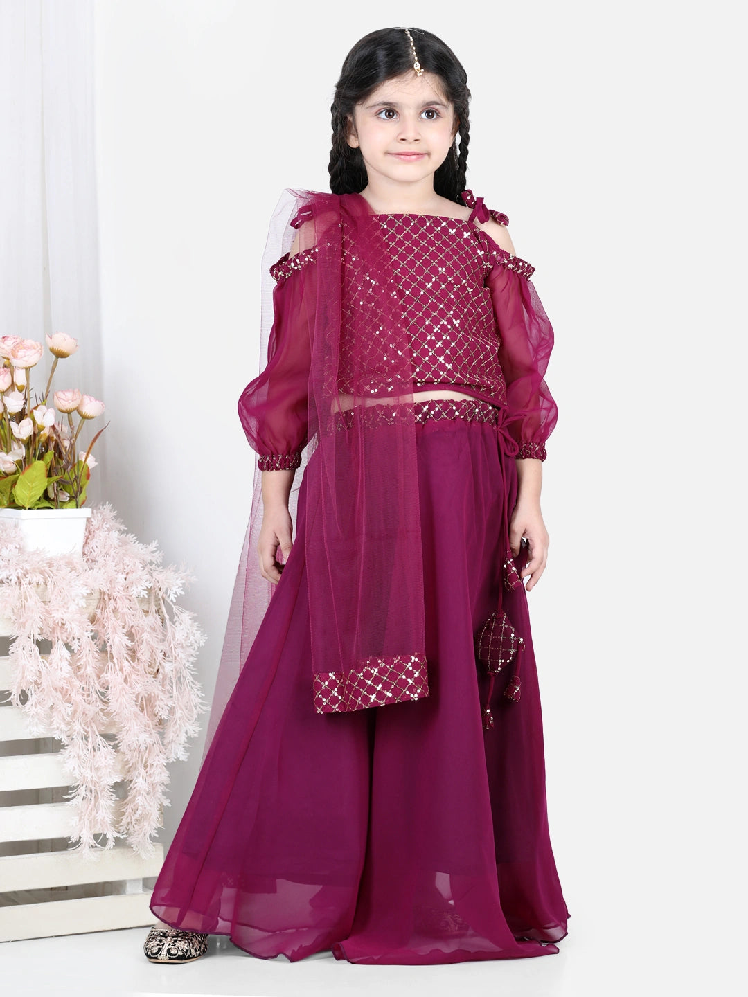 BownBee Three Fourth Cold Shoulder Sleeves Sequin Embellished Choli With Coordinating Lehenga  Dupatta Sets