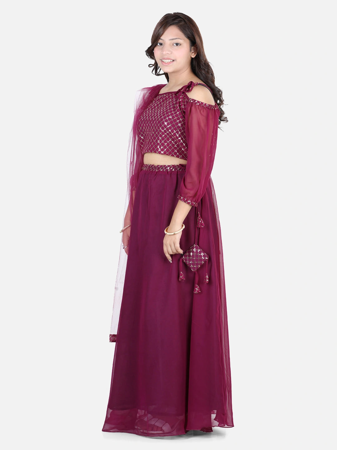 BownBee Three Fourth Cold Shoulder Sleeves Sequin Embellished Choli With Coordinating Lehenga  Dupatta Sets