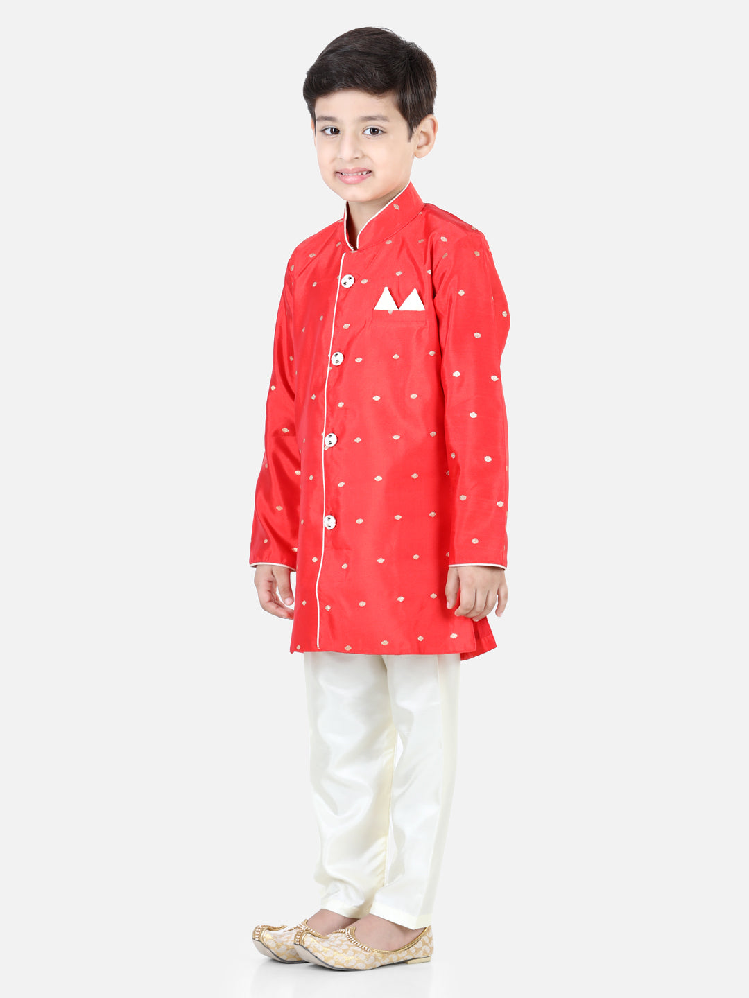 BownBee Boys Full Sleeve Silk Blend Sherwani - Red