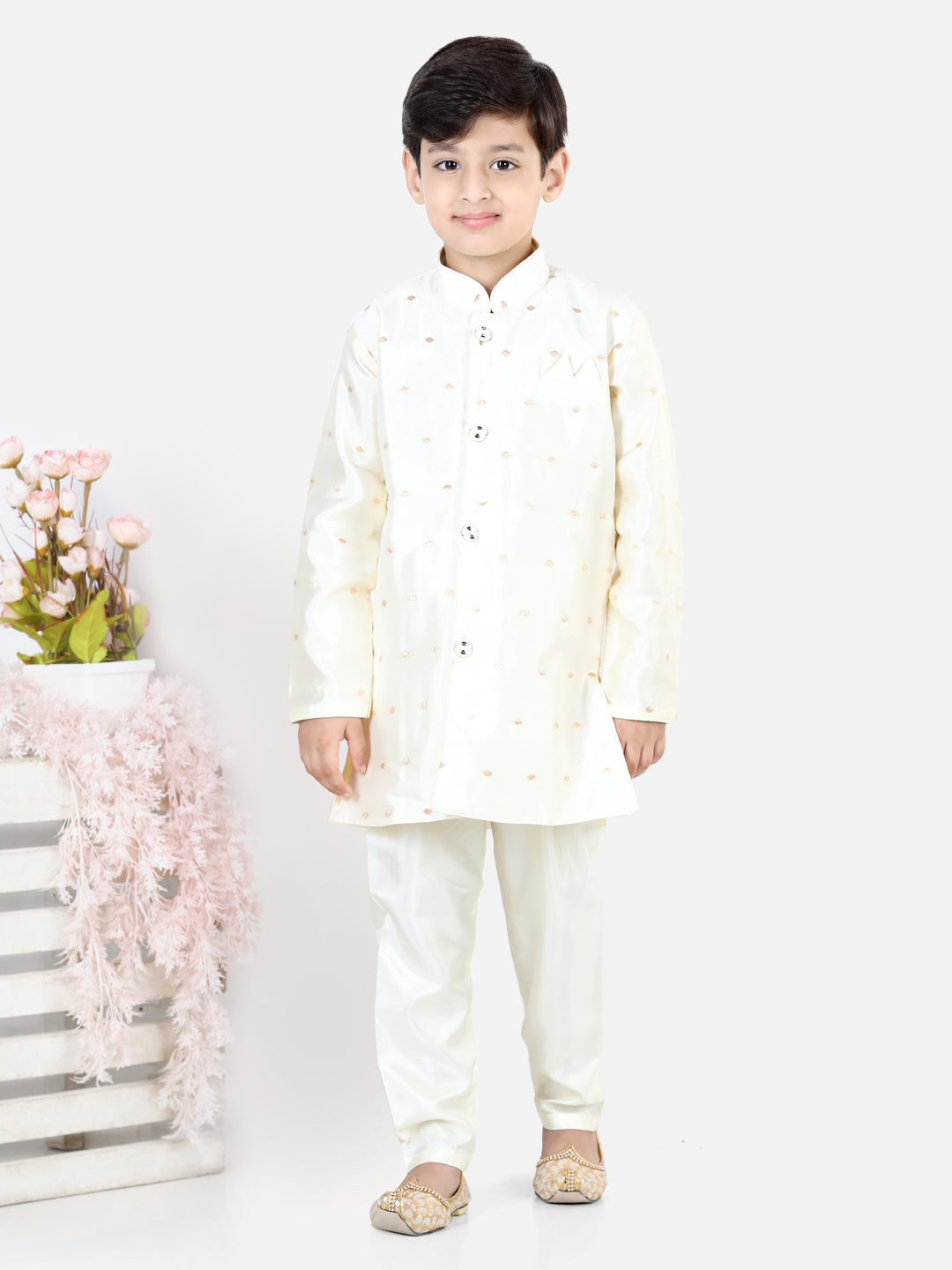 BownBee Boys Full Sleeve Silk Blend Sherwani - White