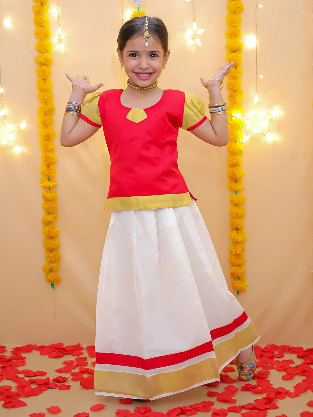 BownBee Half Sleeve South Indian Pavda Pattu Lehenga For Girls