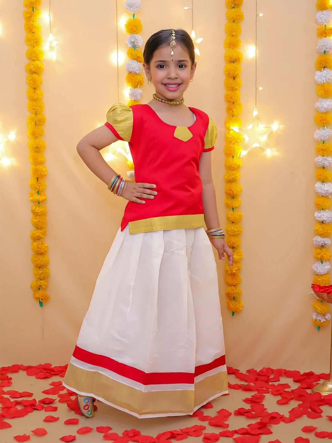 BownBee Half Sleeve South Indian Pavda Pattu Lehenga For Girls