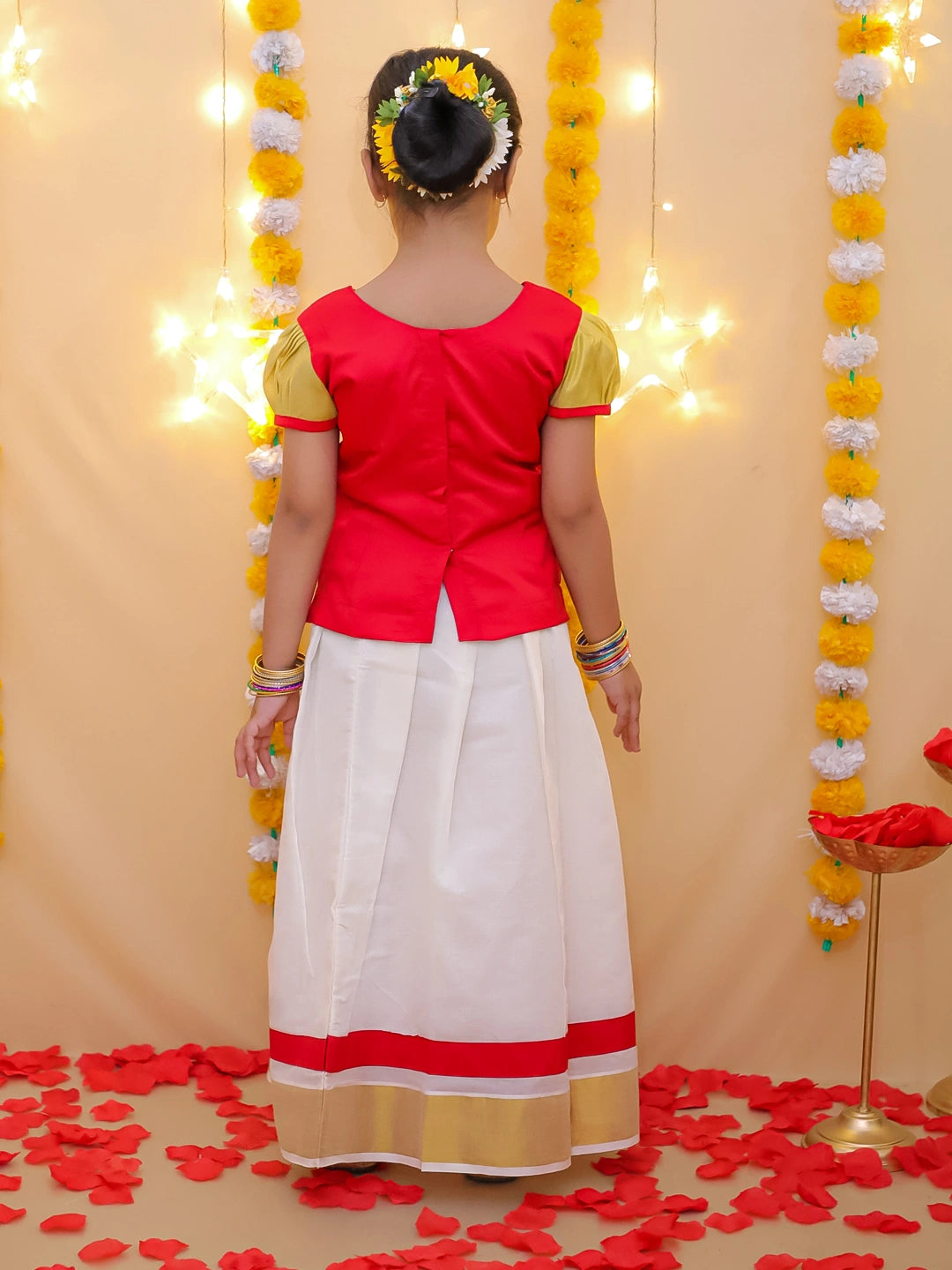 BownBee Half Sleeve South Indian Pavda Pattu Lehenga For Girls