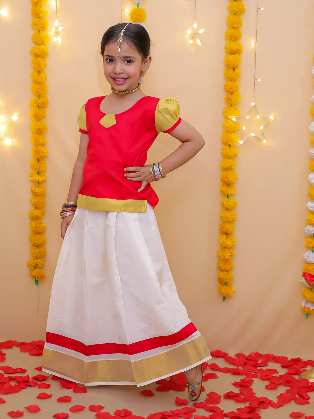 BownBee Half Sleeve South Indian Pavda Pattu Lehenga For Girls
