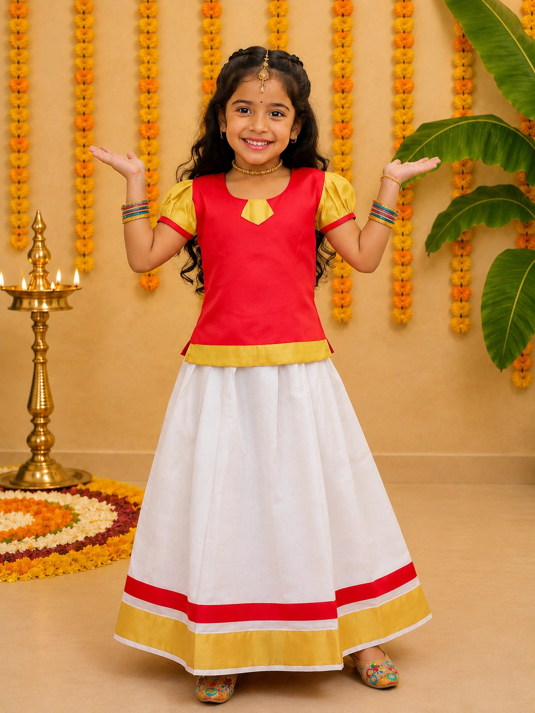 BownBee Half Sleeve South Indian Pavda Pattu Lehenga For Girls