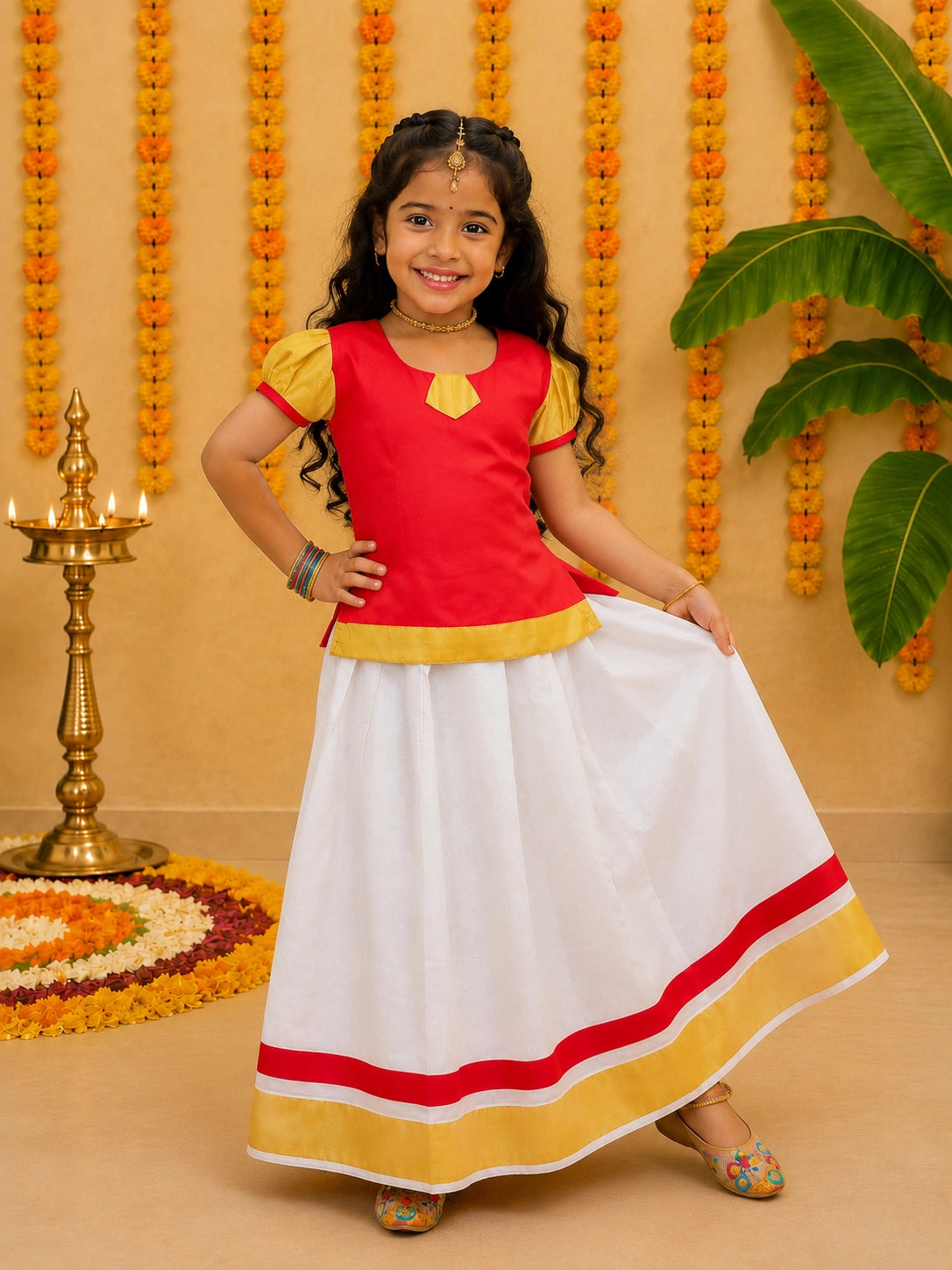 BownBee Half Sleeve South Indian Pavda Pattu Lehenga For Girls