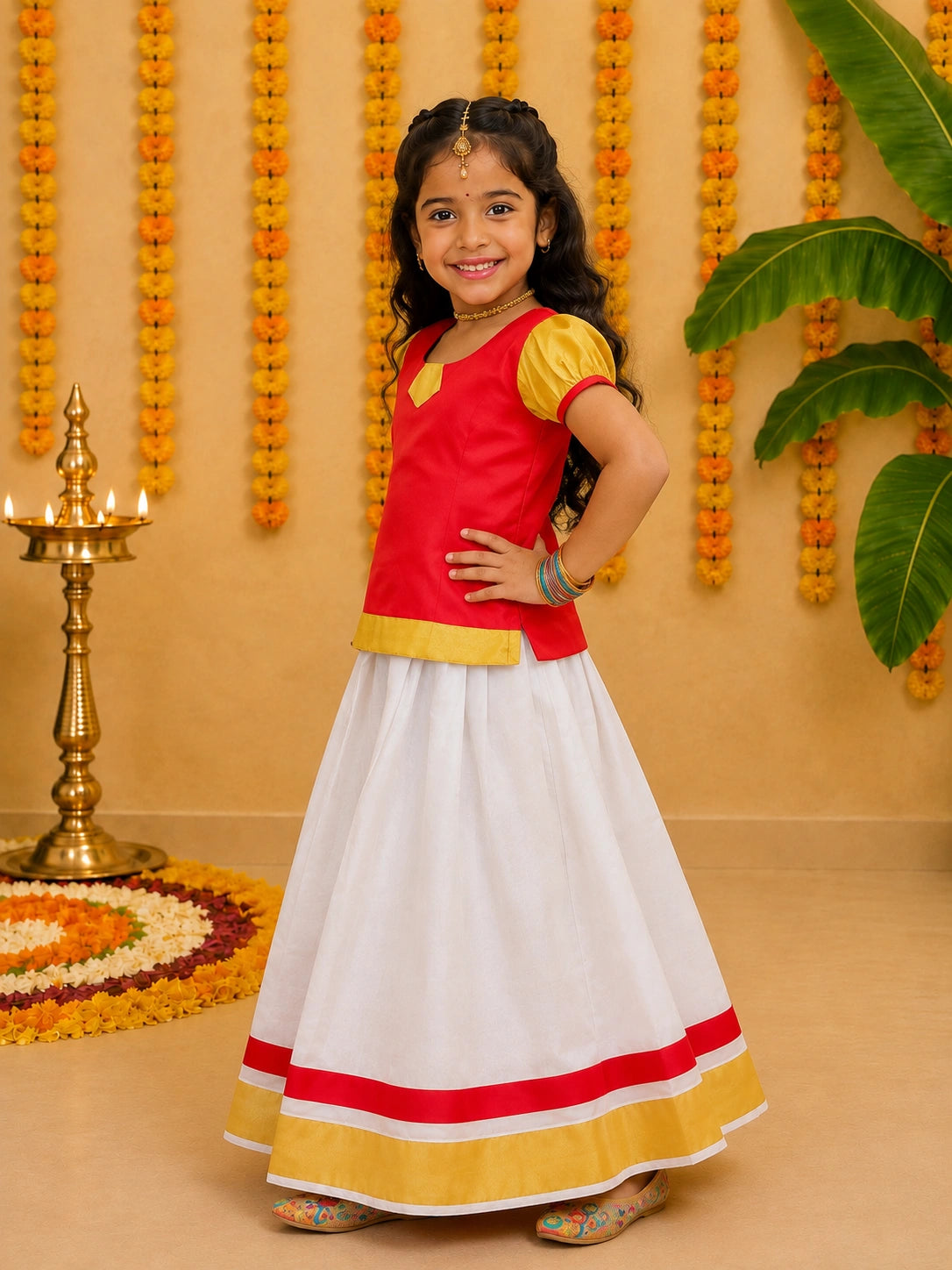 BownBee Half Sleeve South Indian Pavda Pattu Lehenga For Girls
