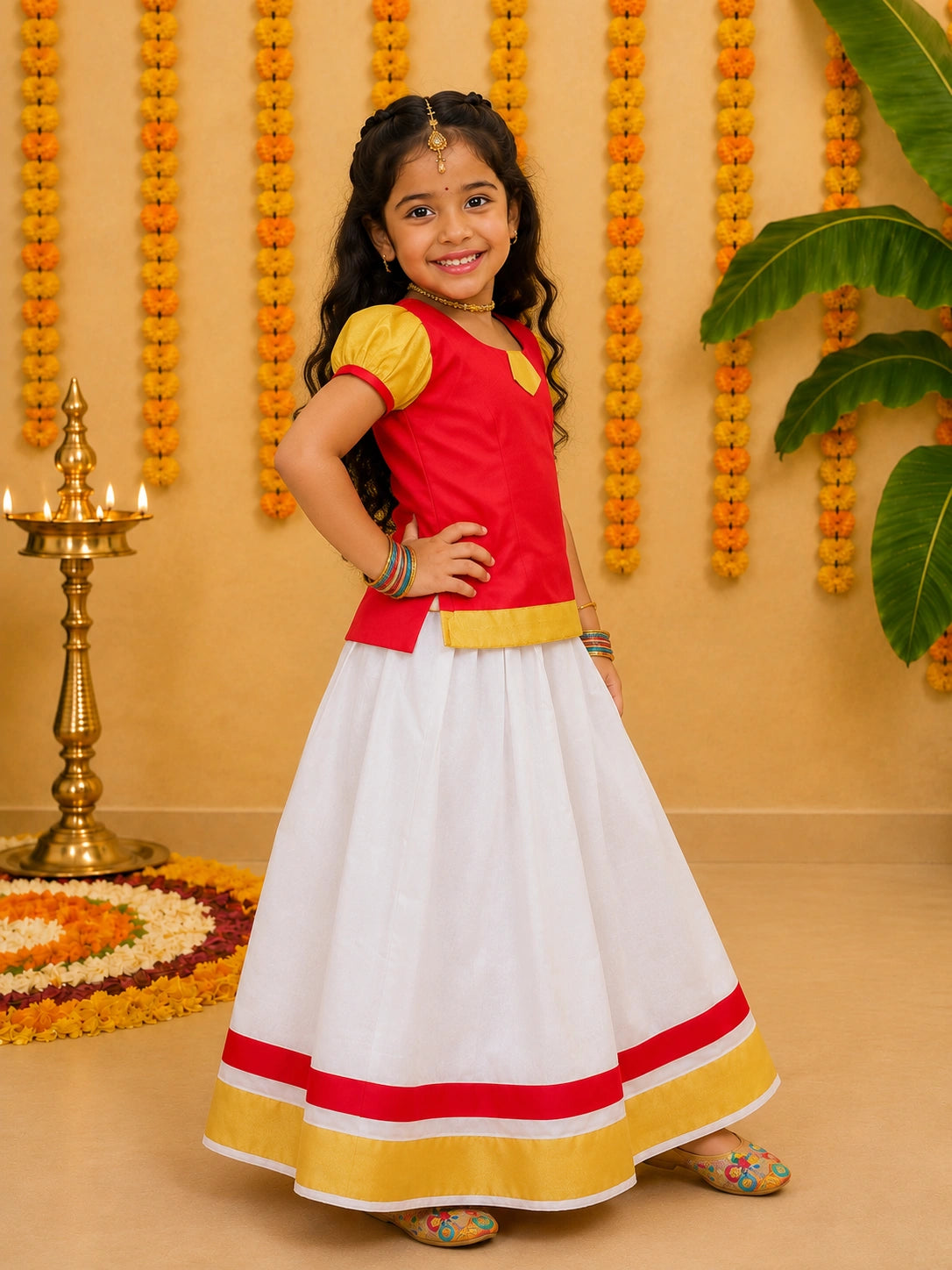 BownBee Half Sleeve South Indian Pavda Pattu Lehenga For Girls