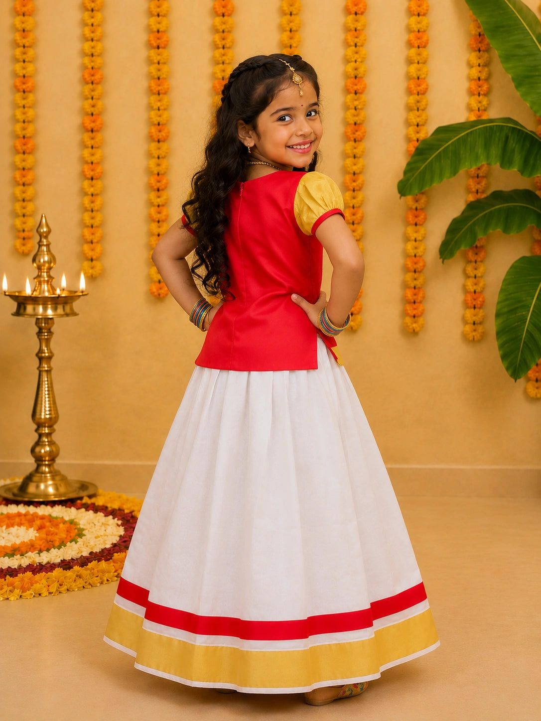 BownBee Half Sleeve South Indian Pavda Pattu Lehenga For Girls