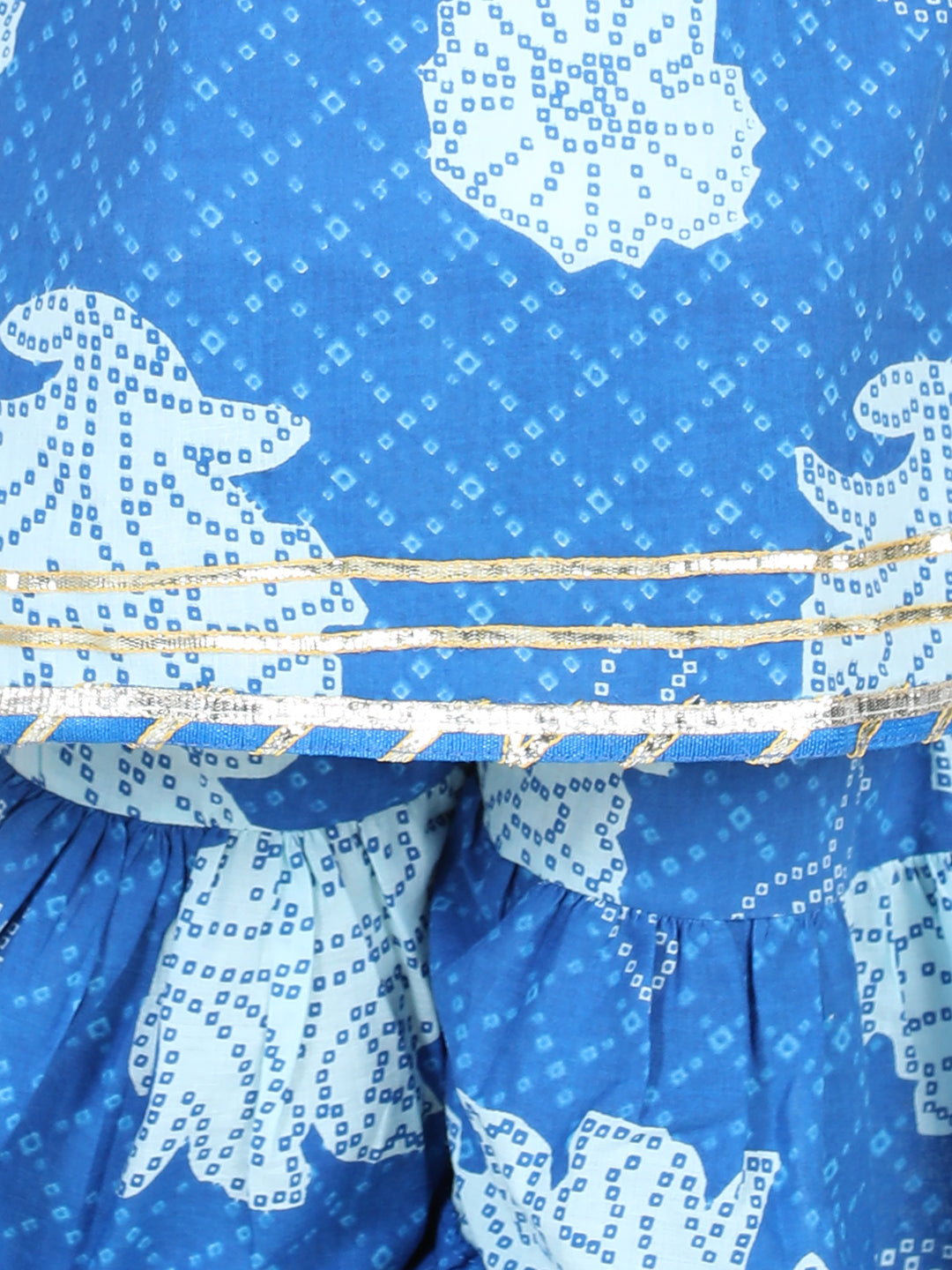BownBee 100% Pure Cotton Three Fourth Sleeves Seamless Bandhej Designed & Ruffled Kurti With Coordinating Gota Lace Embellished Sharara - Blue