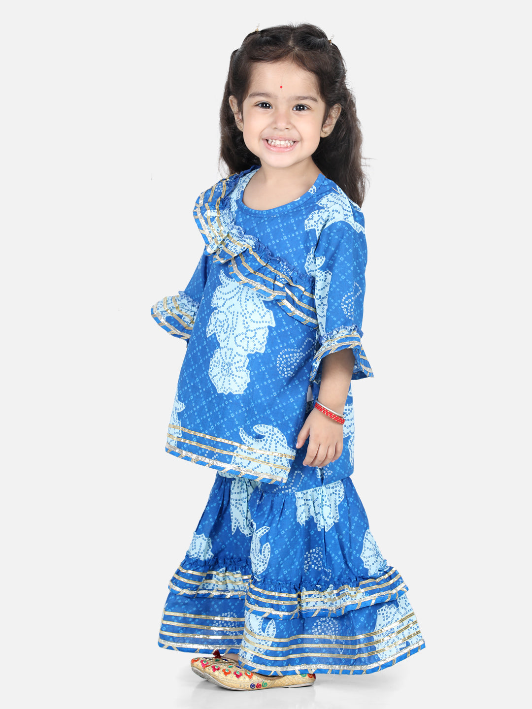 BownBee 100% Pure Cotton Three Fourth Sleeves Seamless Bandhej Designed & Ruffled Kurti With Coordinating Gota Lace Embellished Sharara - Blue