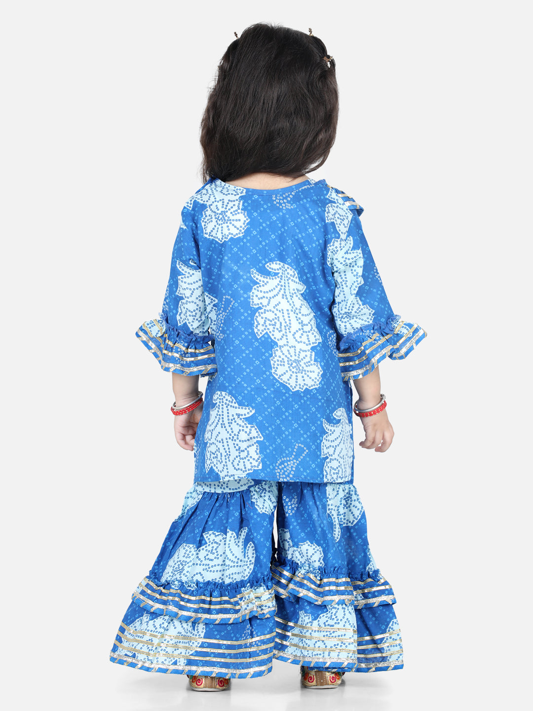 BownBee 100% Pure Cotton Three Fourth Sleeves Seamless Bandhej Designed & Ruffled Kurti With Coordinating Gota Lace Embellished Sharara - Blue