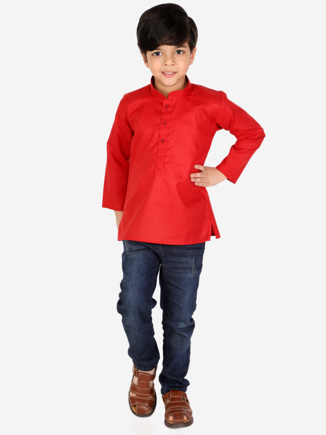 BownBee Full Sleeves Solid Short Kurta - Red