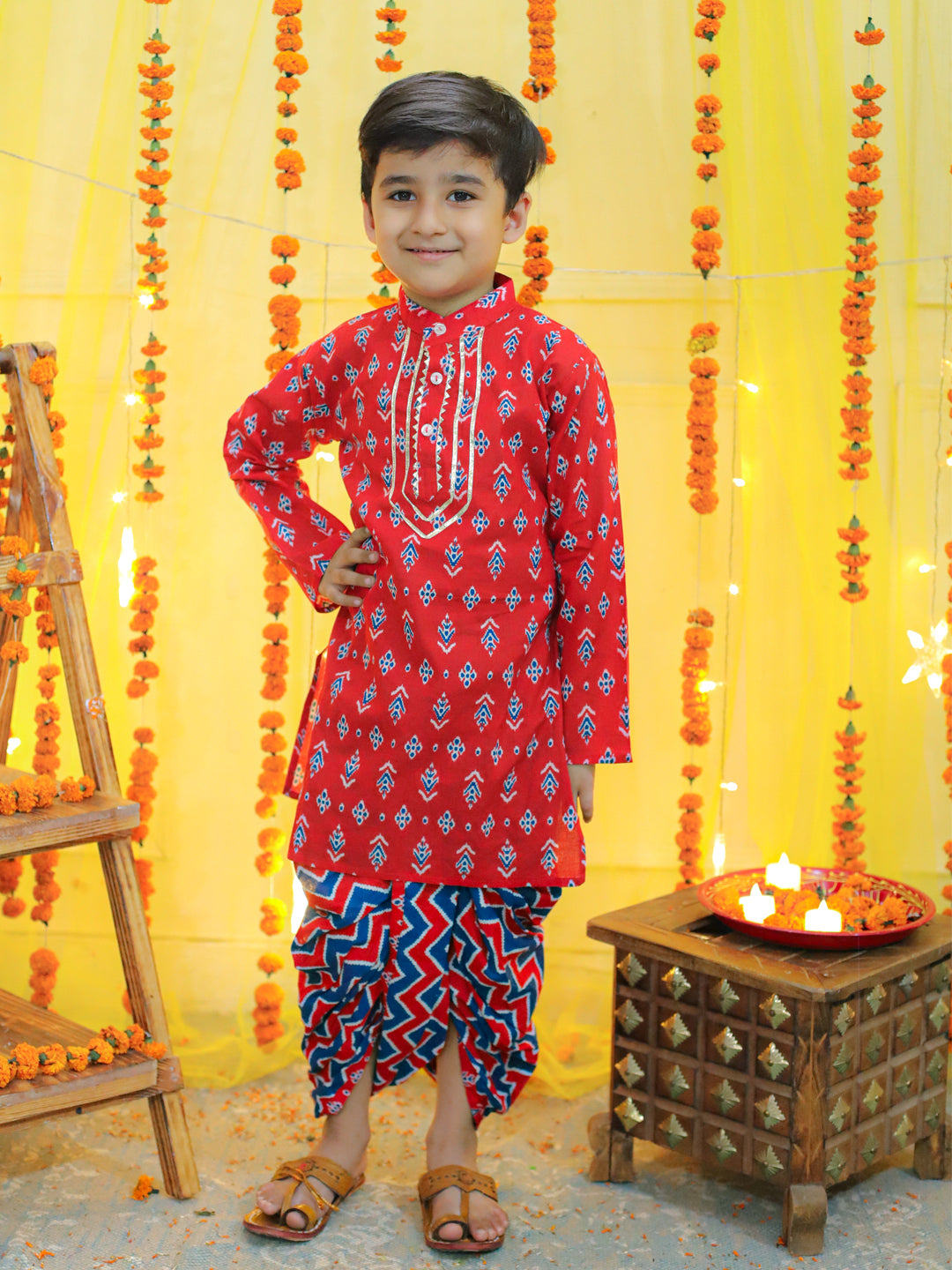 BownBee Sibling Ethnic Festive Wear Pure Cotton Printed  with Gotta patti Kurta Sharara and Kurta Dhoti- Red