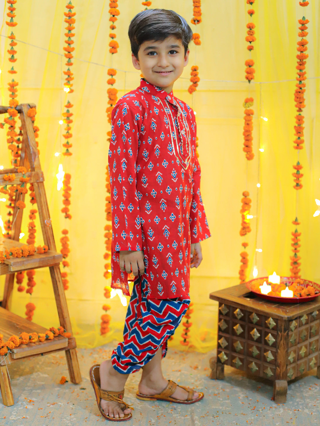 BownBee Sibling Ethnic Festive Wear Pure Cotton Printed  with Gotta patti Kurta Sharara and Kurta Dhoti- Red