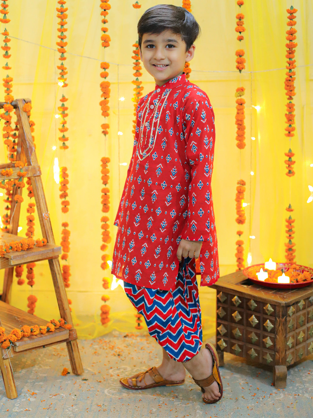 BownBee Sibling Ethnic Festive Wear Pure Cotton Printed  with Gotta patti Kurta Sharara and Kurta Dhoti- Red
