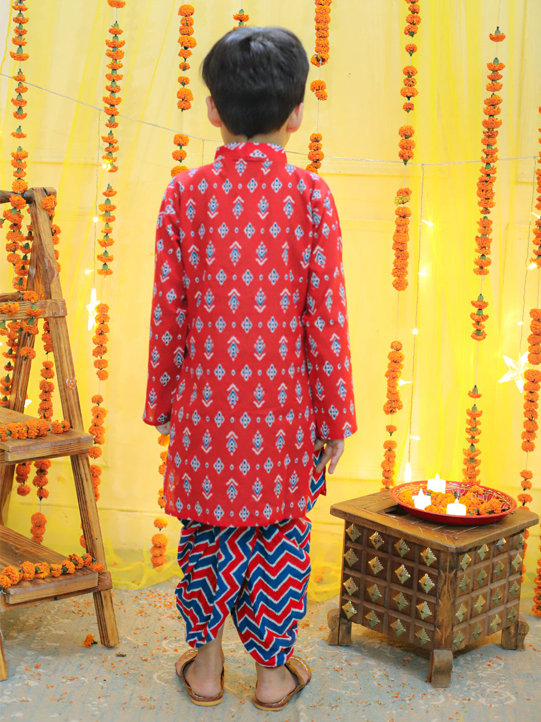 BownBee Sibling Ethnic Festive Wear Pure Cotton Printed  with Gotta patti Kurta Sharara and Kurta Dhoti- Red