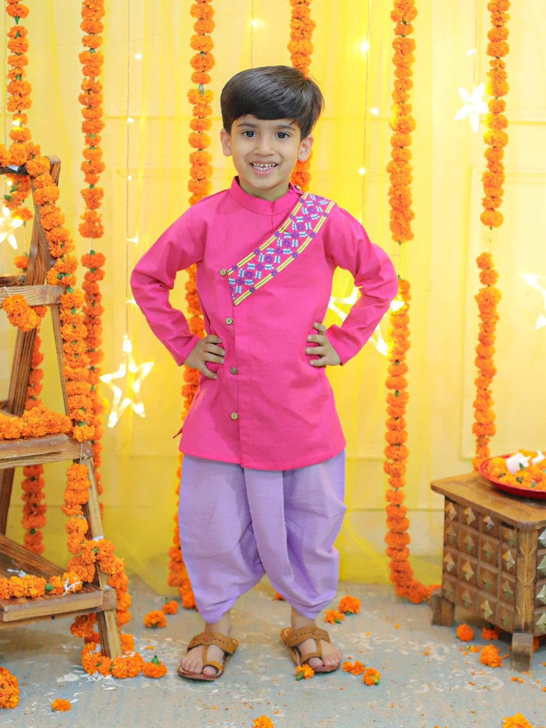 BownBee Embroidery Front Open Cotton Kurta with Dhoti for Boys- Pink