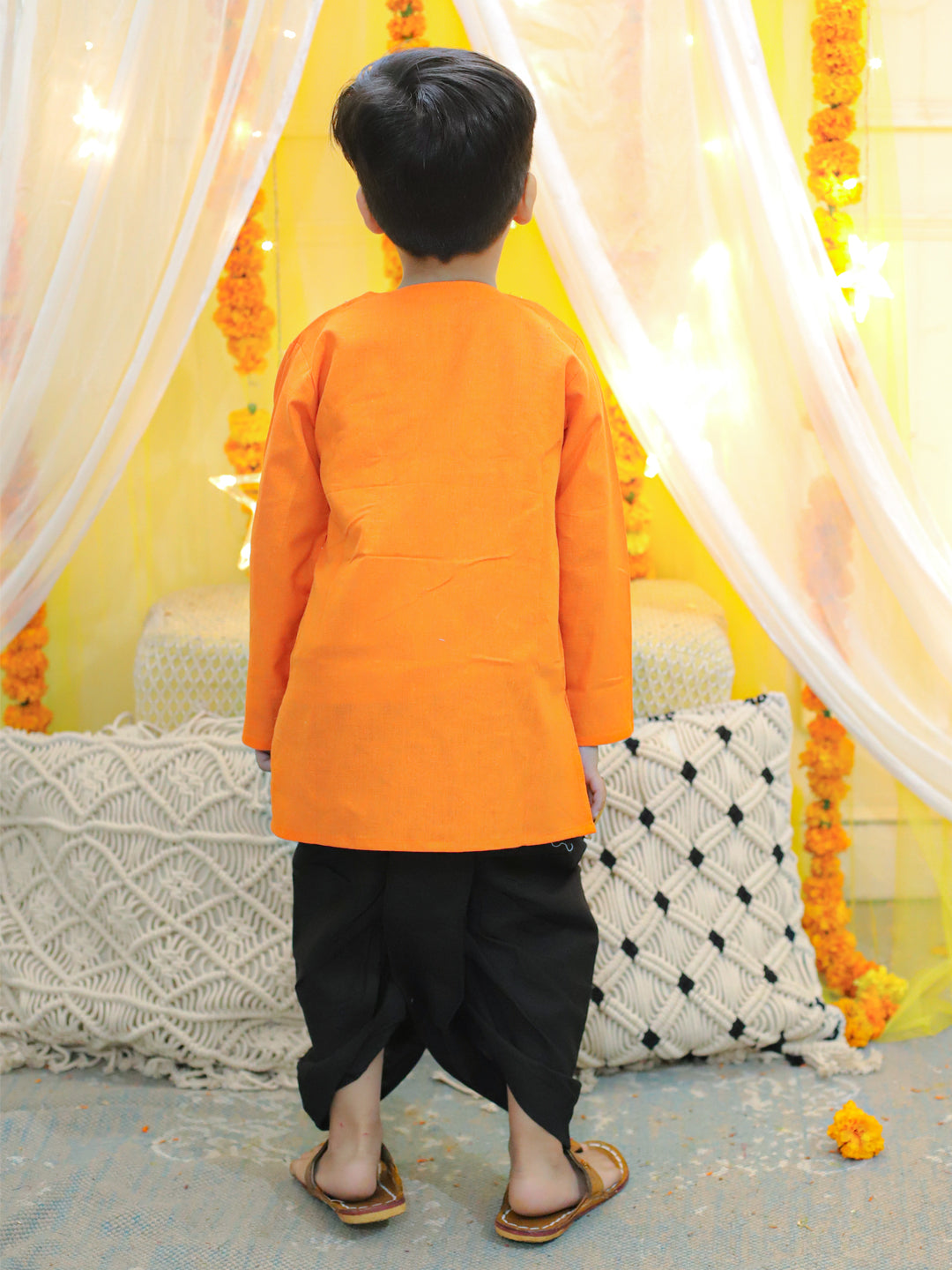 BownBee Embroidery Front Open Cotton Kurta with Dhoti for Boys- Orange