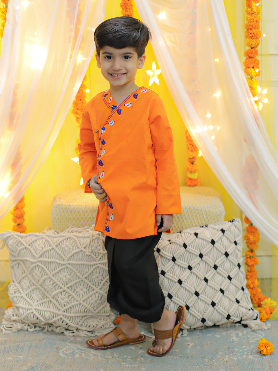 BownBee Embroidery Front Open Cotton Kurta with Dhoti for Boys- Orange