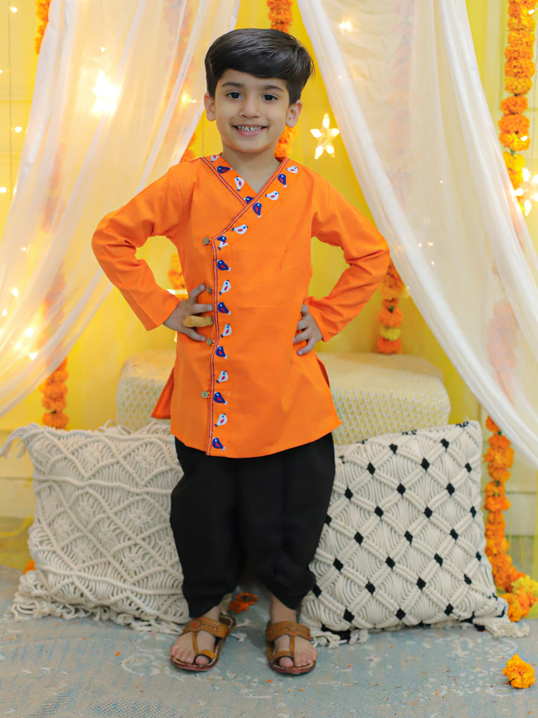BownBee Girls Ethnic Wear Embroidery Front Open Cotton Kurta with Dhoti - Orange
