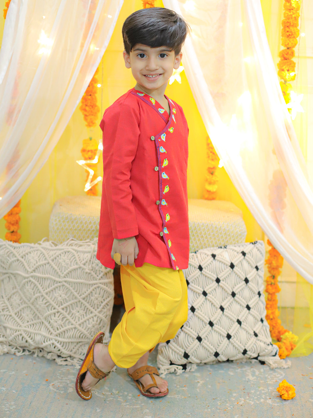 BownBee Boys Ethnic Wear Embroidery Front Open Cotton Kurta with Dhoti - Red