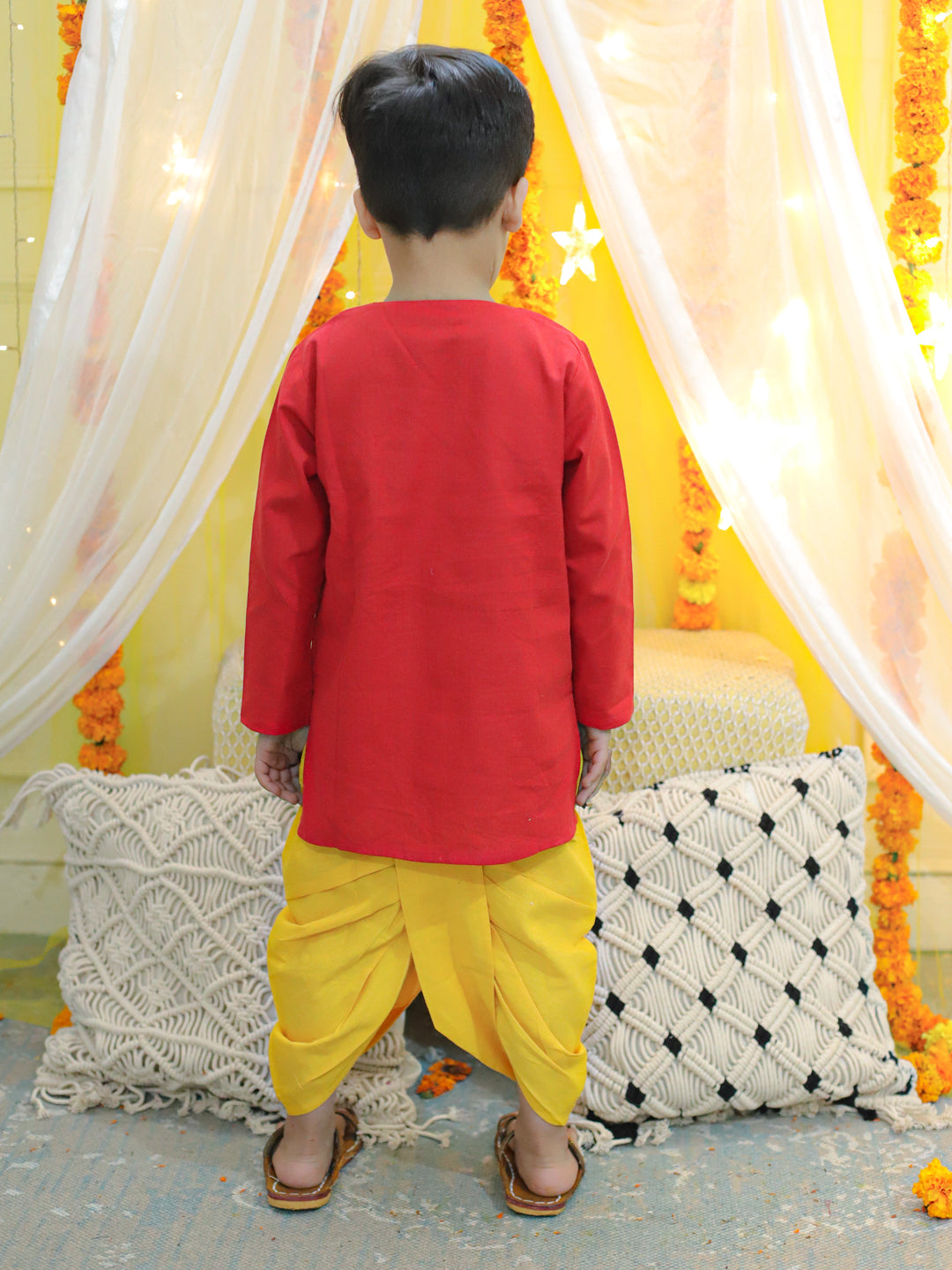 BownBee Embroidery Front Open Cotton Kurta with Dhoti for Boys- Red