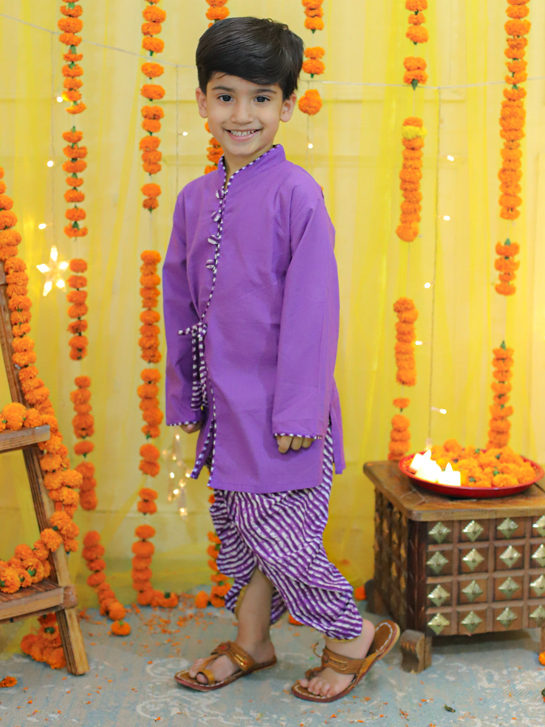BownBee Front Open Cotton Full Sleeve Kurta with Dhoti and Pure Cotton Kaftan with Harem for Girls- Purple