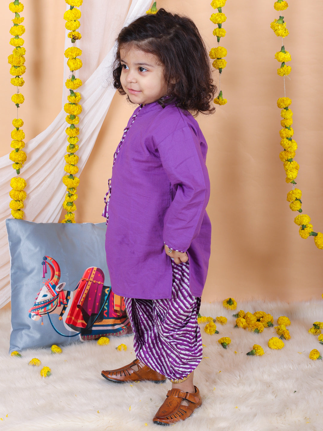 BownBee Boys Front Open Cotton Full Sleeve Kurta with Dhoti- Purple