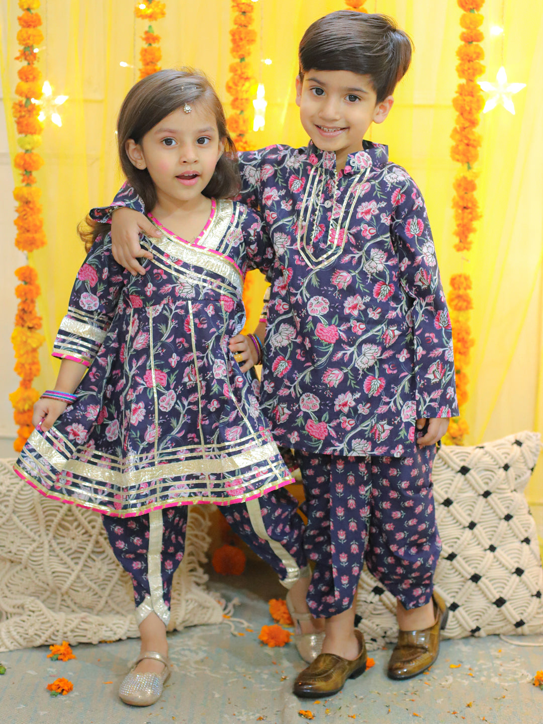 BownBee Sibling Set Pure Cotton Full Sleeve Printed Kurta with Printed Dhoti- Blue with Pure Cotton 3/4th Sleeve Anarkali Kurta with Dhoti- Blue