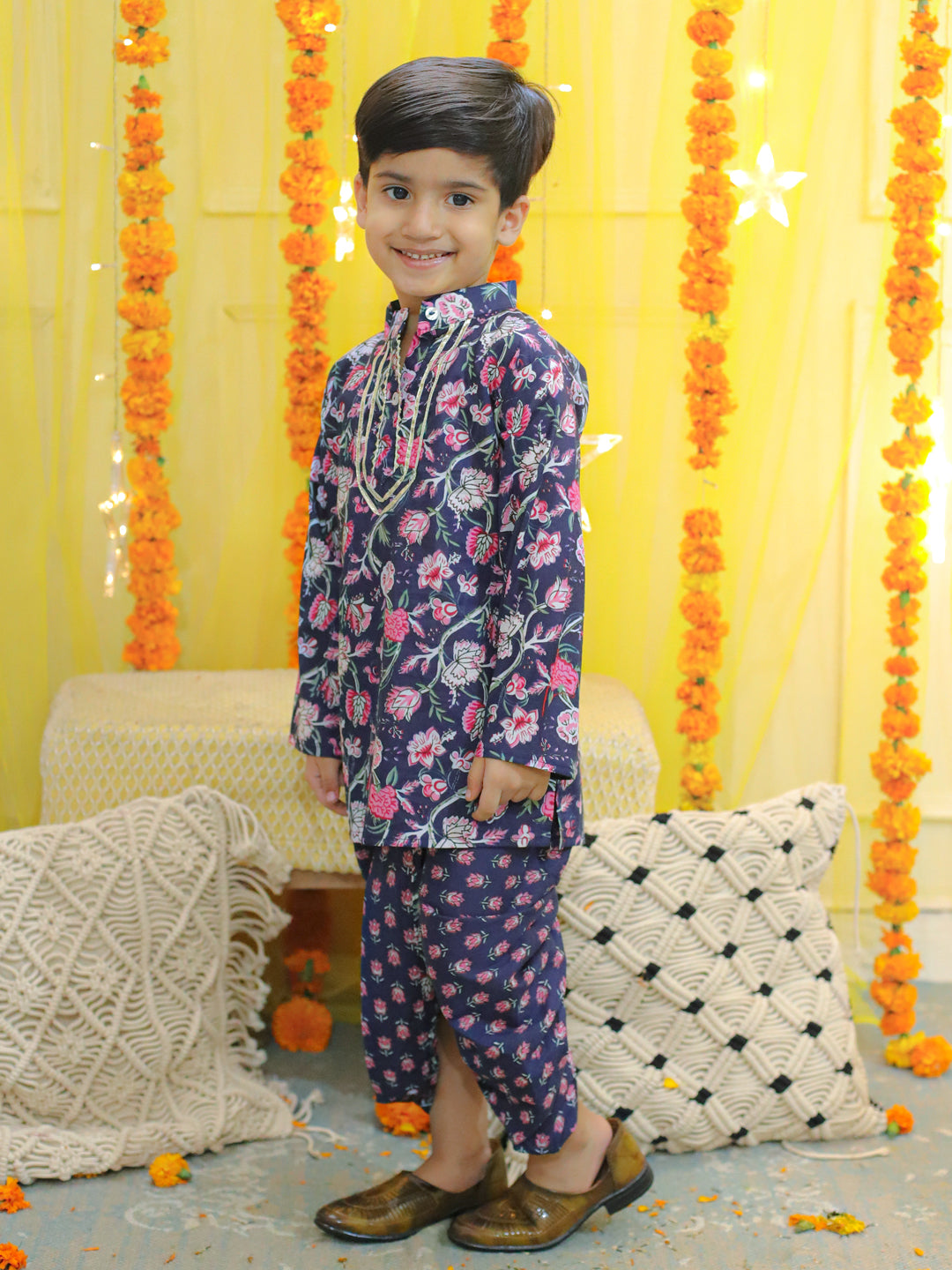 BownBee Boys  Pure Cotton Full Sleeve Printed Kurta with Printed Dhoti- Blue