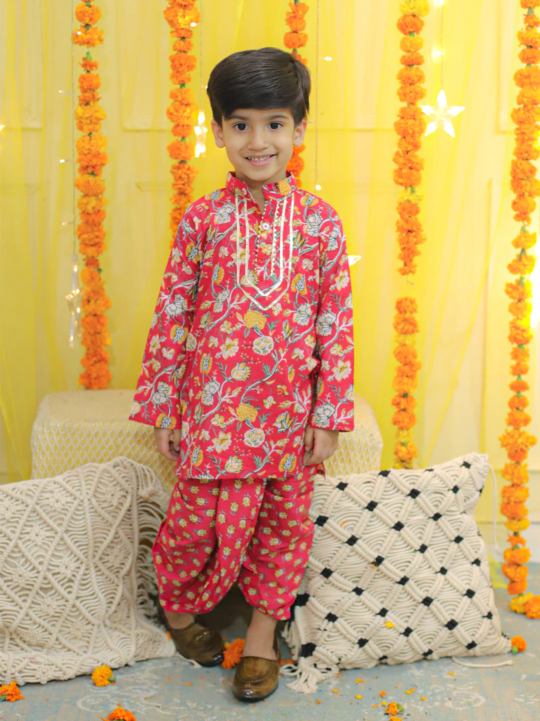BownBee Boys Pure Cotton Full Sleeve Printed Kurta with Printed Dhoti