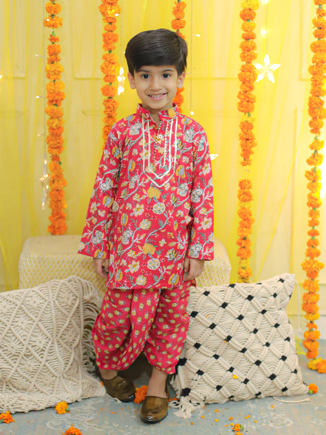 BownBee Boys Pure Cotton Full Sleeve Printed Kurta with Printed Dhoti- Red
