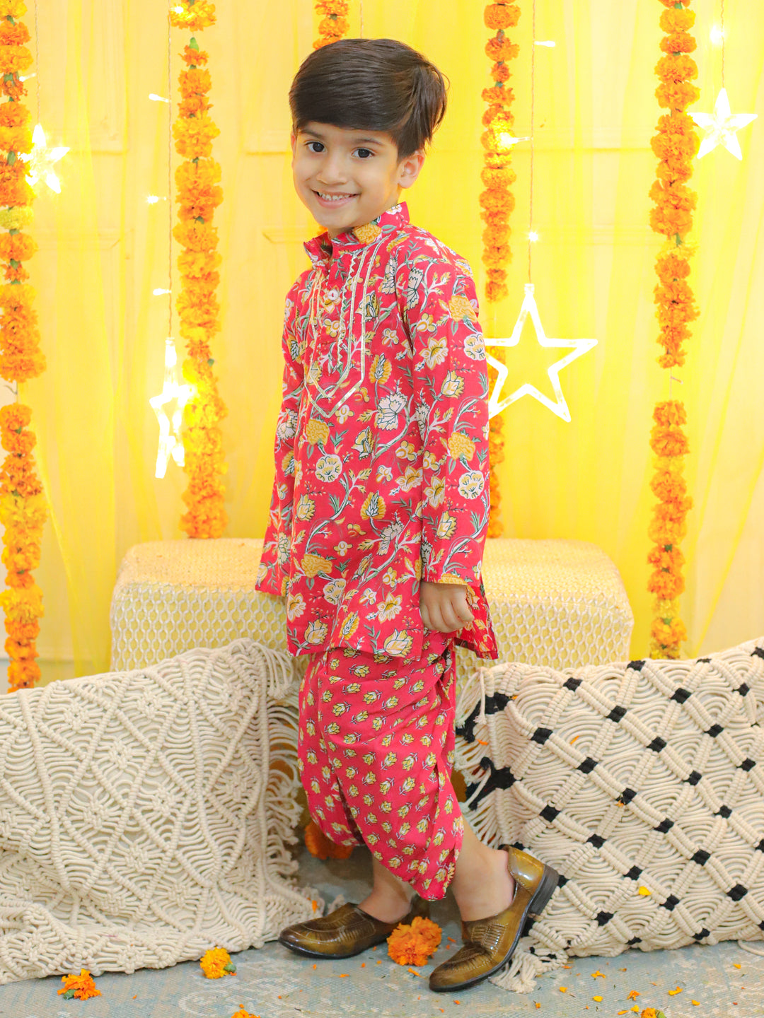 BownBee Boys Pure Cotton Full Sleeve Printed Kurta with Printed Dhoti