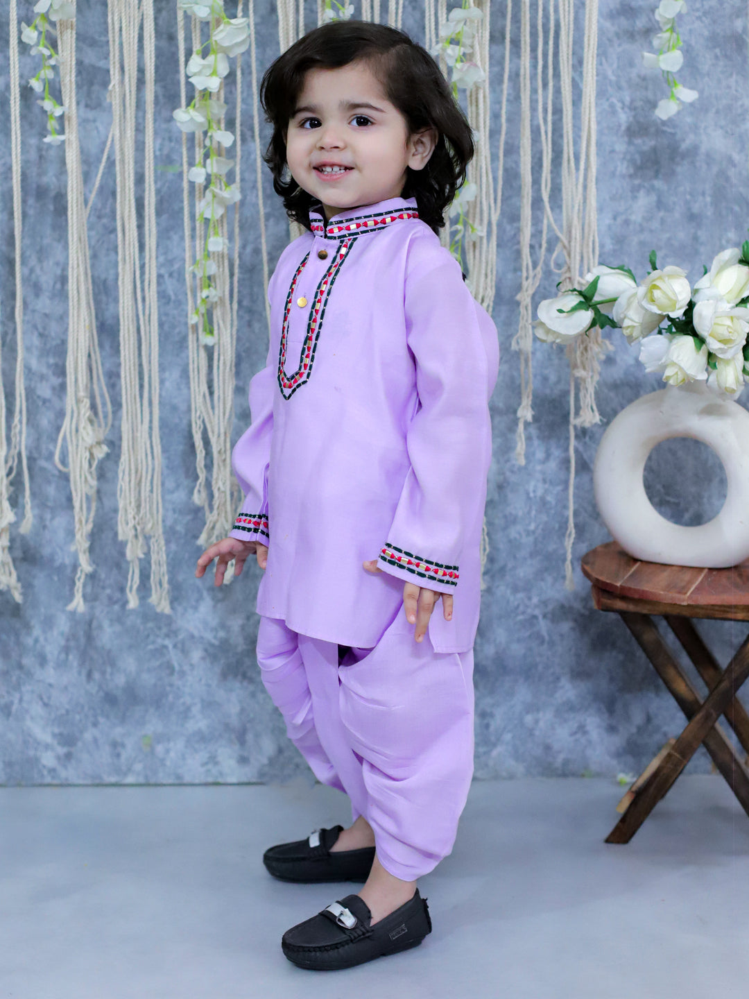 BownBee Embroidered Full Sleeve Dhoti Kurta & Salwaar Suit with Dupatta Sibling Set- White