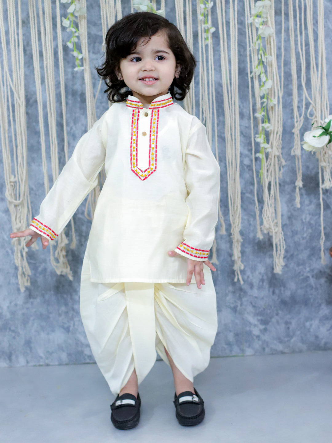 BownBee Sibling Set Embroidered Full Sleeve Dhoti Kurta for Boys and Embroidered Kurti with Salwar and Dupatta for Girls- White