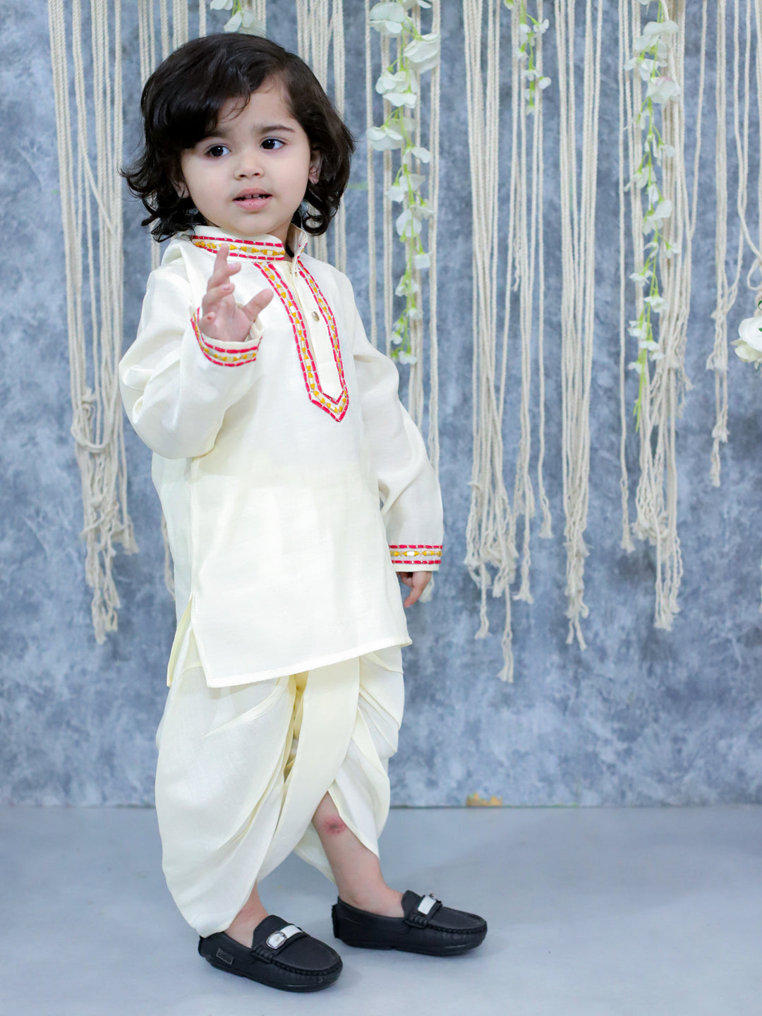 BownBee Sibling Set Embroidered Full Sleeve Dhoti Kurta for Boys and Embroidered Kurti with Salwar and Dupatta for Girls- White