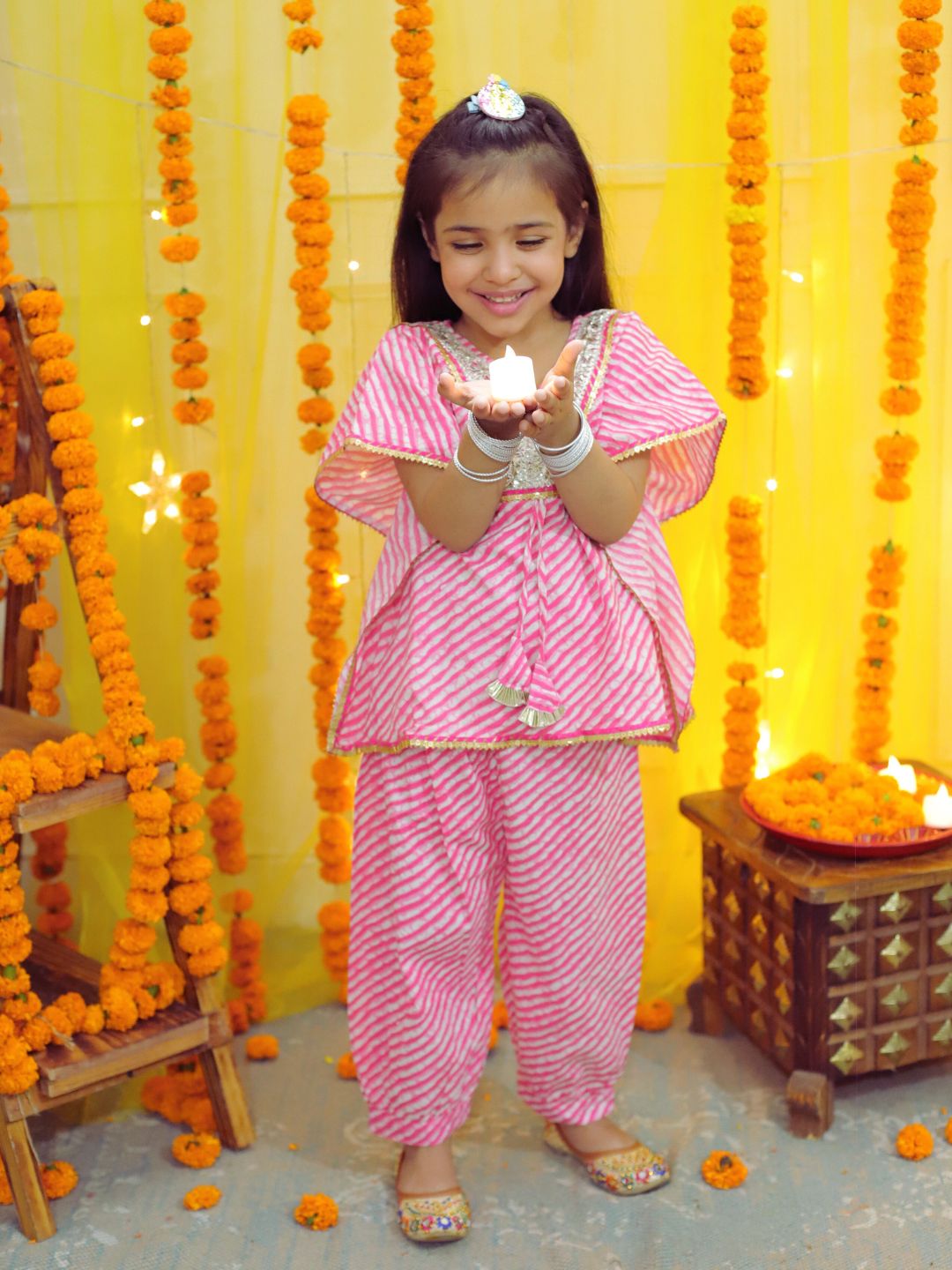 BownBee  Girls Ethic  Wear Pure Cotton leheriya  printed  Kaftan with Harem Dhoti Pant Co Ords Sets- Pink