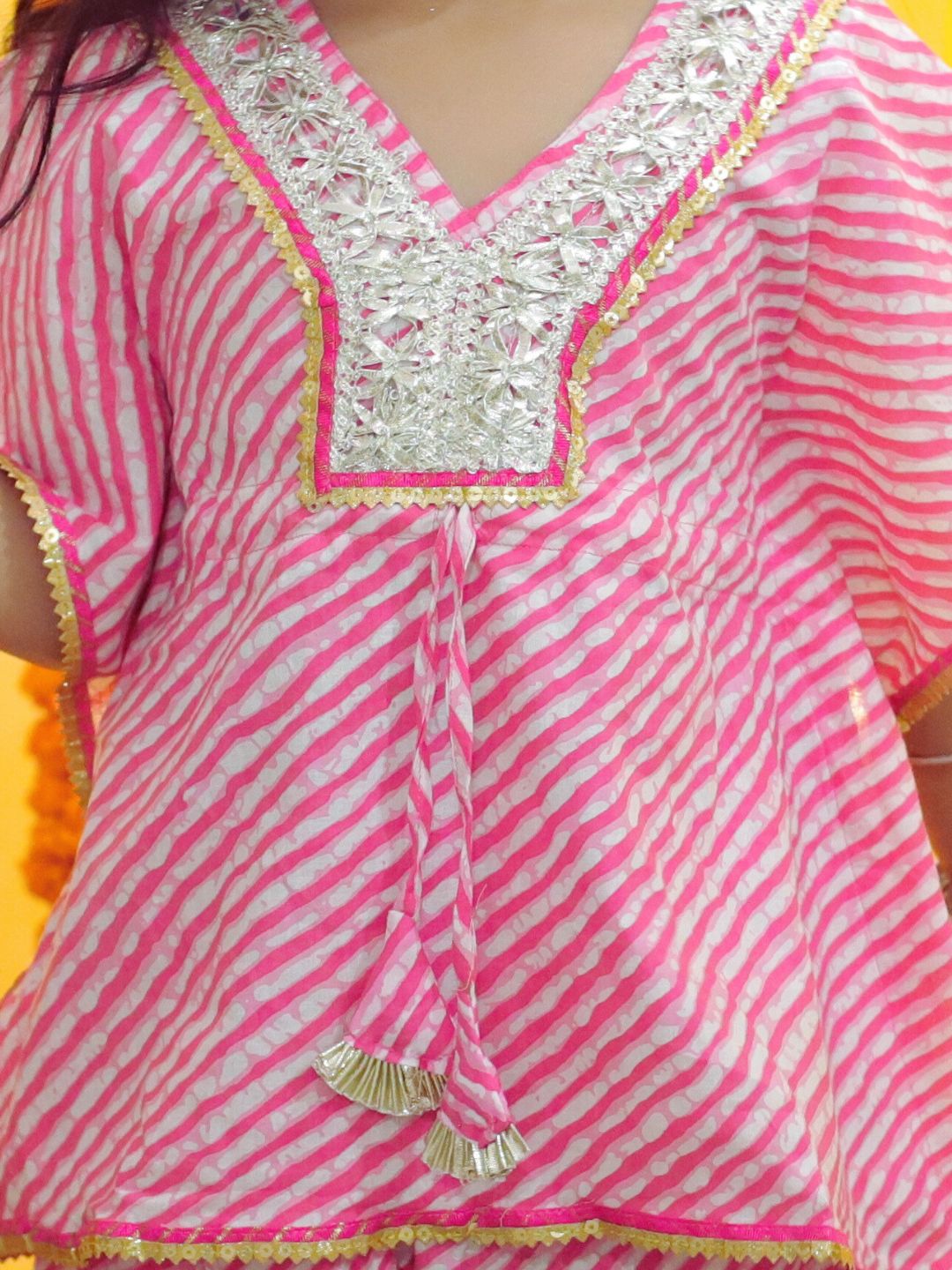 BownBee  Girls Ethic  Wear Pure Cotton leheriya  printed  Kaftan with Harem Dhoti Pant Co Ords Sets- Pink