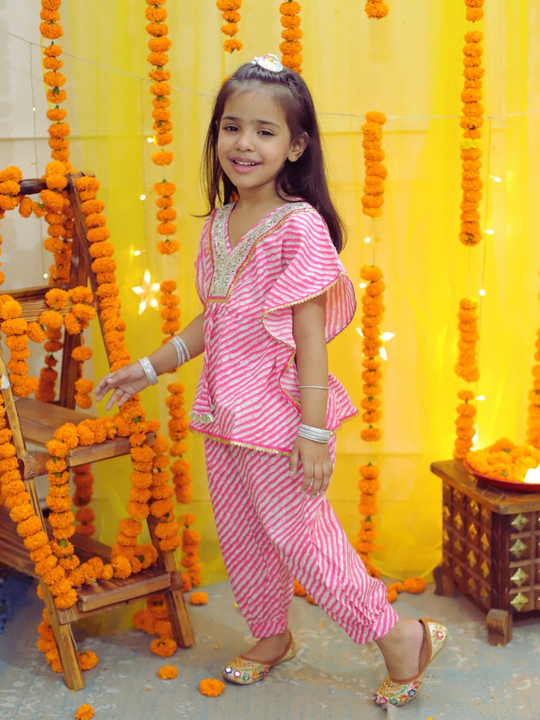 BownBee  Girls Ethic  Wear Pure Cotton leheriya  printed  Kaftan with Harem Dhoti Pant Co Ords Sets- Pink
