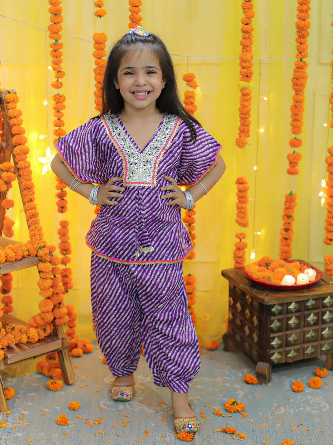 BownBee  Girls Ethic  Wear Pure Cotton leheriya  printed  Kaftan with Harem Dhoti Pant Co Ords Sets- Purple