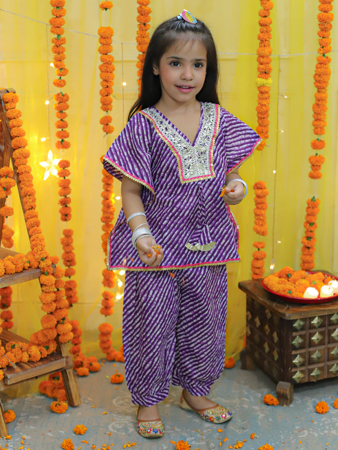 BownBee  Girls Ethic  Wear Pure Cotton leheriya  printed  Kaftan with Harem Dhoti Pant Co Ords Sets- Purple