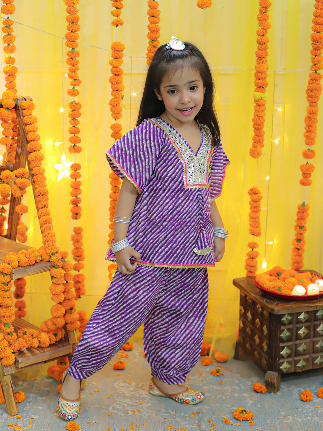 BownBee  Girls Ethic  Wear Pure Cotton leheriya  printed  Kaftan with Harem Dhoti Pant Co Ords Sets- Purple
