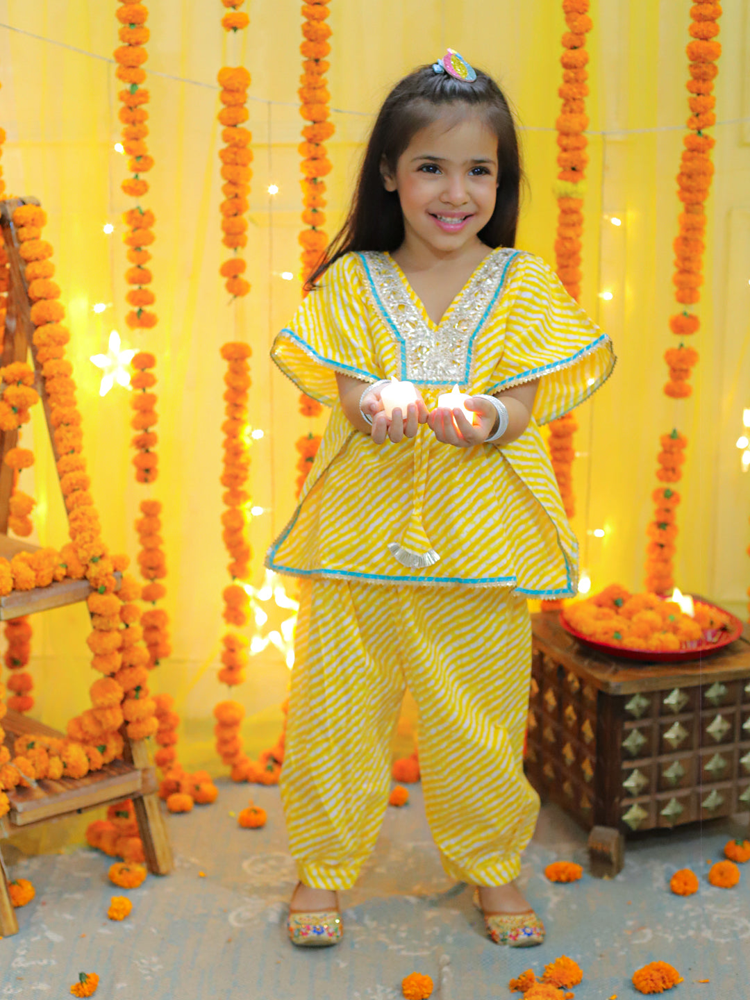BownBee  Girls Ethic  Wear Pure Cotton leheriya  printed  Kaftan with Harem Dhoti Pant Co Ords Sets- Yellow