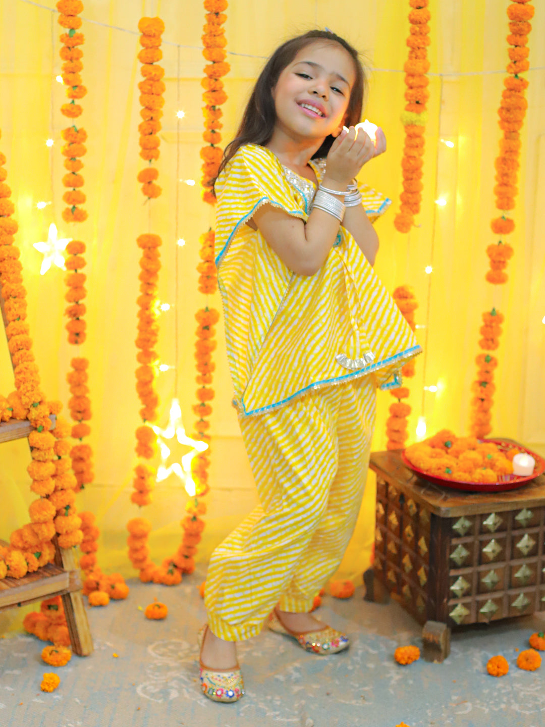 BownBee Front Open Cotton Full Sleeve Kurta with Dhoti and Pure Cotton Kaftan with Harem for Girls- Yellow