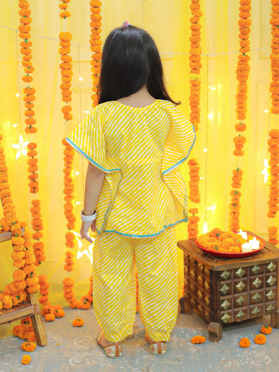 BownBee  Girls Ethic  Wear Pure Cotton leheriya  printed  Kaftan with Harem Dhoti Pant Co Ords Sets- Yellow