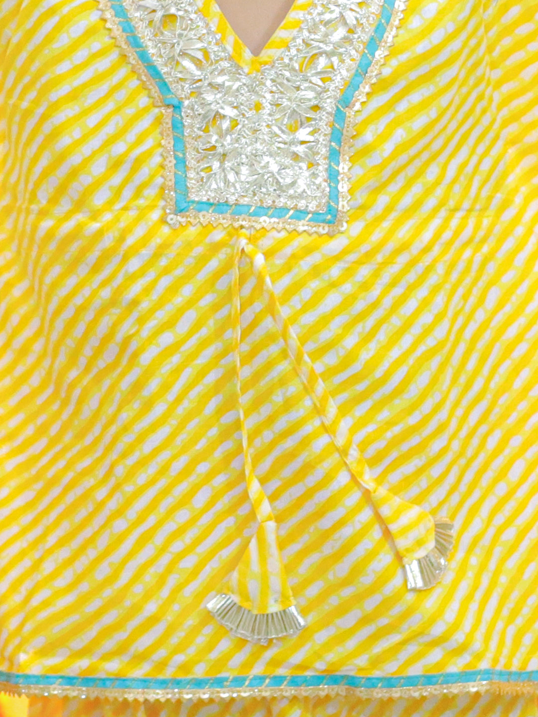 BownBee  Girls Ethic  Wear Pure Cotton leheriya  printed  Kaftan with Harem Dhoti Pant Co Ords Sets- Yellow