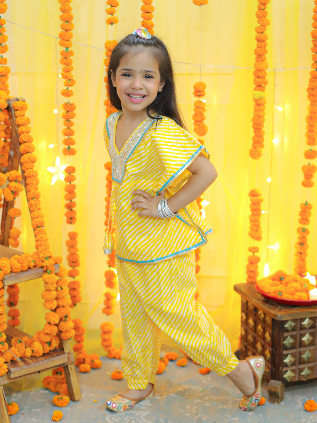 BownBee  Girls Ethic  Wear Pure Cotton leheriya  printed  Kaftan with Harem Dhoti Pant Co Ords Sets- Yellow