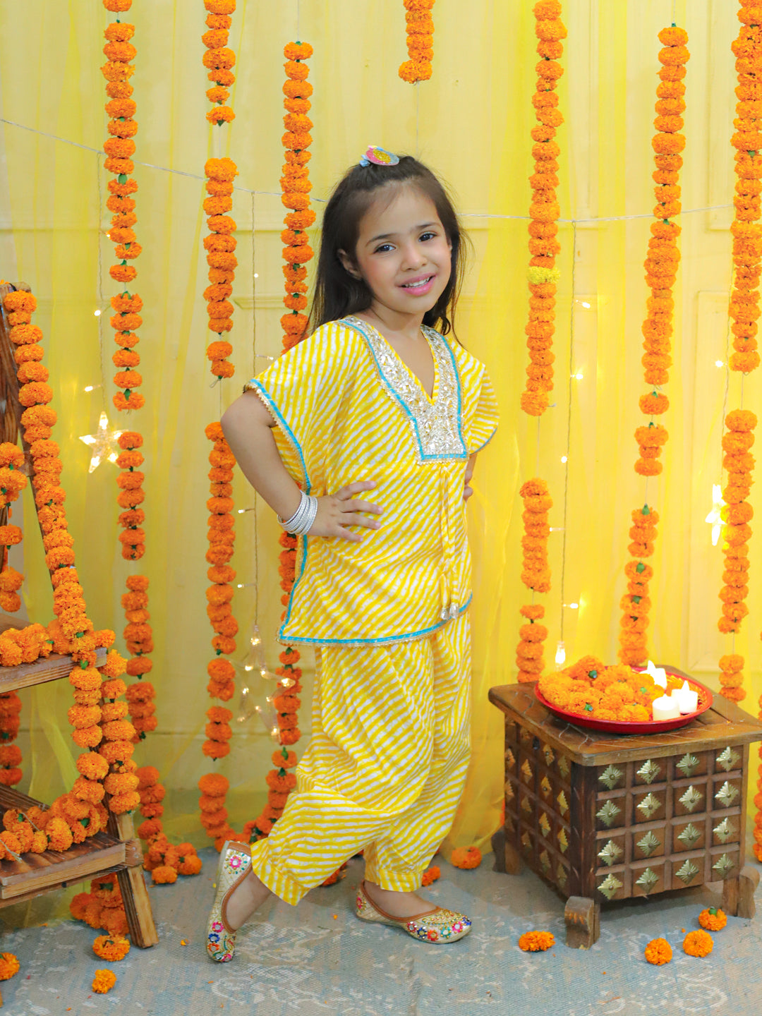 BownBee  Girls Ethic  Wear Pure Cotton leheriya  printed  Kaftan with Harem Dhoti Pant Co Ords Sets- Yellow