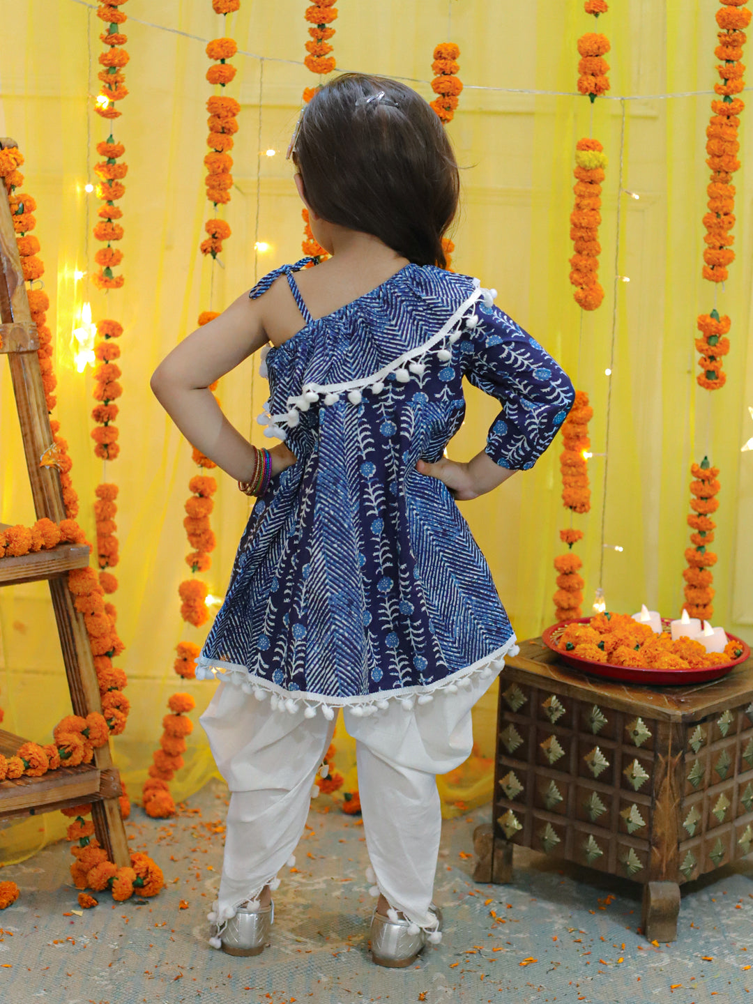 BownBee Girls  Pure Cotton Printed One Sleeve Ruffle Kurti with Dhoti- Indo Western Clothing Sets Blue
